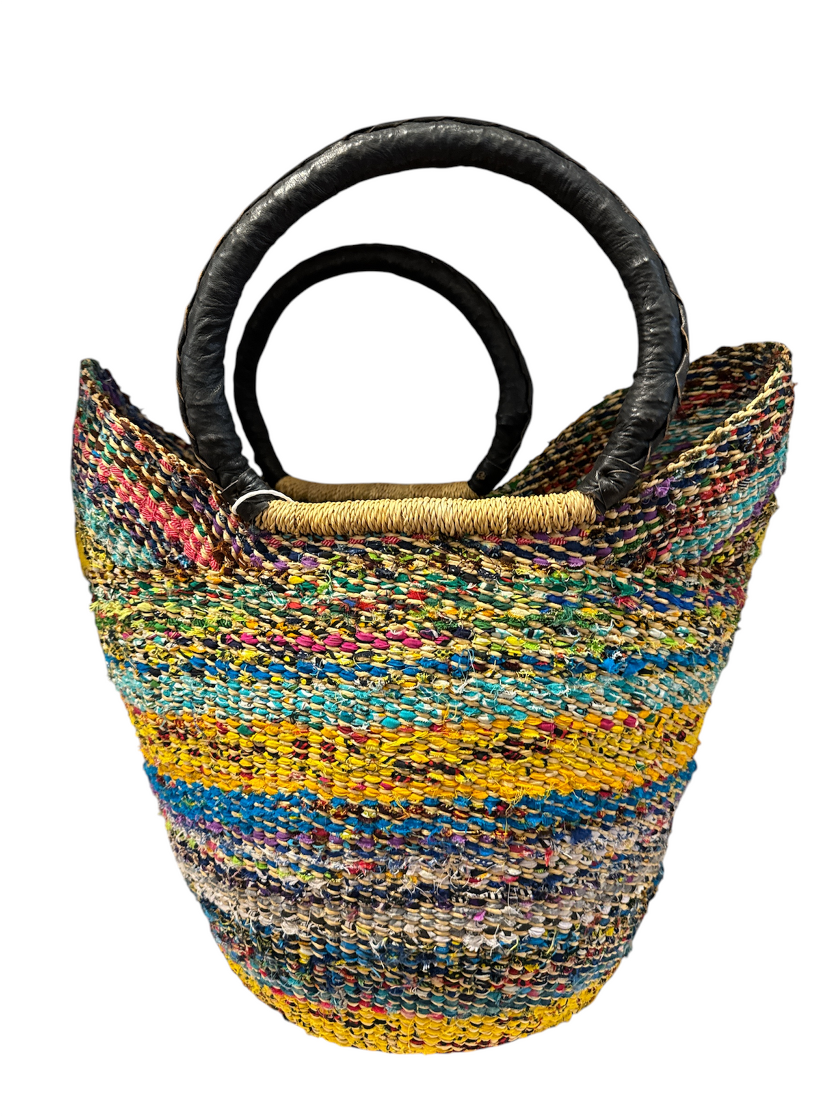 Hammershus Fairtrade Bolga U-shape taske multi farvet med runde læderhanke no4
