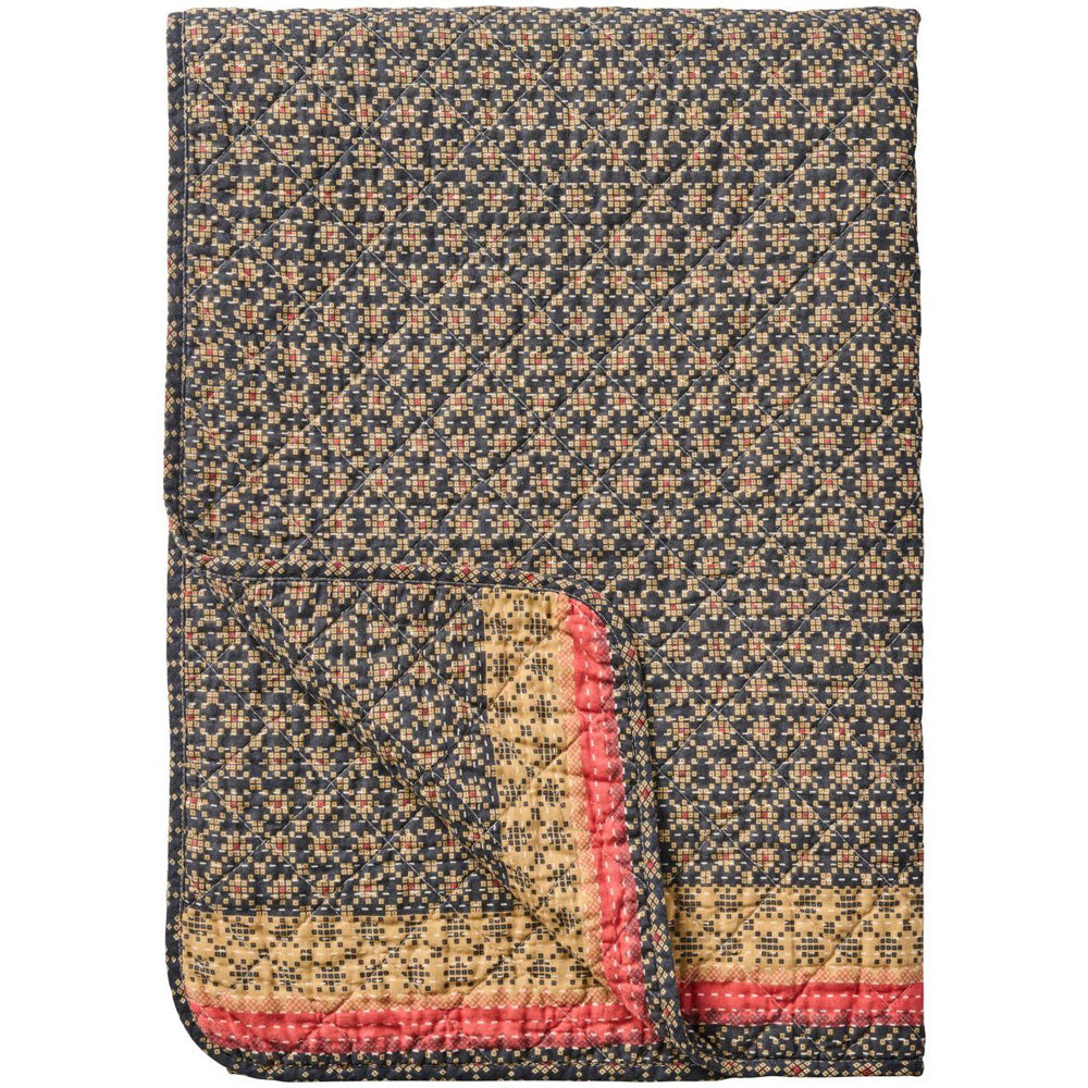 Ib Laursen Quilt Mørkeblå med Rosa og Naturfarvet mønster 130x180cm