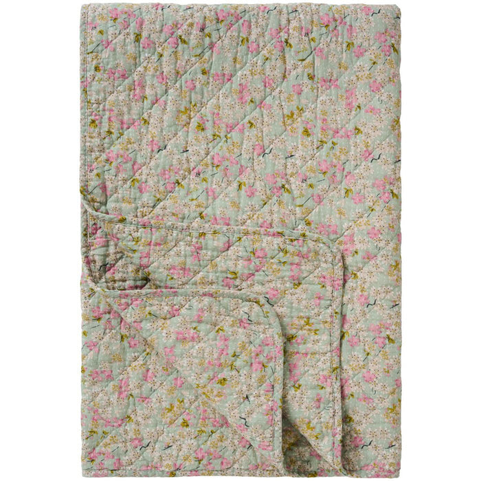 Ib Laursen Quilt Støvblå m Lyserøde Grønne og Grå Blomster 130x180cm